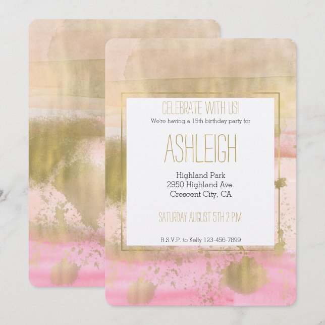 Convites Glam Dourado Rosa Glam Watercolor Belo aniversário (Frente/Verso)