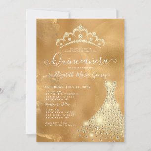 Convites Glam Dourado Sparkle Diamond Tiara Dress Quinceane