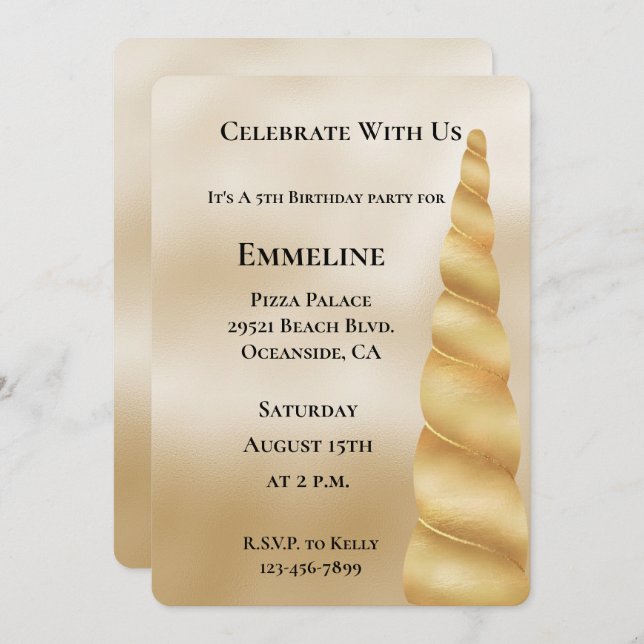 Convites Glam Dourado Unicorn Birthday (Frente/Verso)