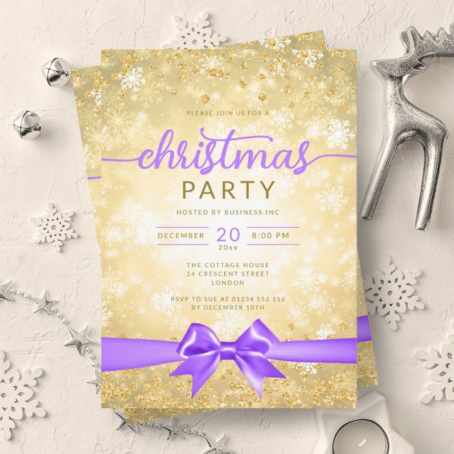 Convites Glam Dourado Winter Snowflake Company Roxo Ribbon (Glam Gold Winter Snowflake Company Purple Ribbon Invitation)