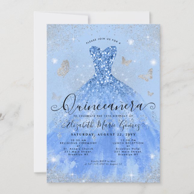 Convites Glam Dusty Blue Silver Glitter Quinceanera (Frente)