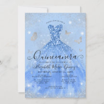 Glam Dusty Blue Silver Glitter Quinceanera