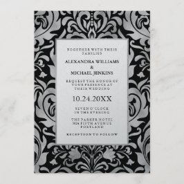 Convites Glam Elegante Luxe Silver Damask no Casamento Negr