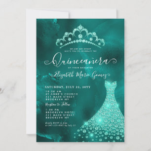 Convites Glam Emerald Green Diamond Tiara Dress Quinceanera
