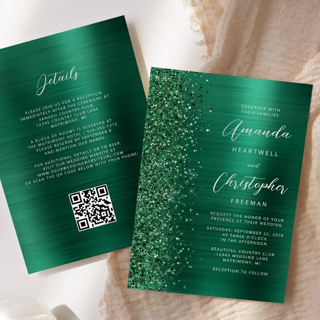 Convites Glam Esmeralda Verde Metal Escovado Código QR Casa (Criador carregado)