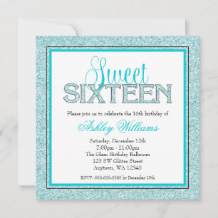 Convites Glam Falso Brilho Azul Turquesa Sweet 16