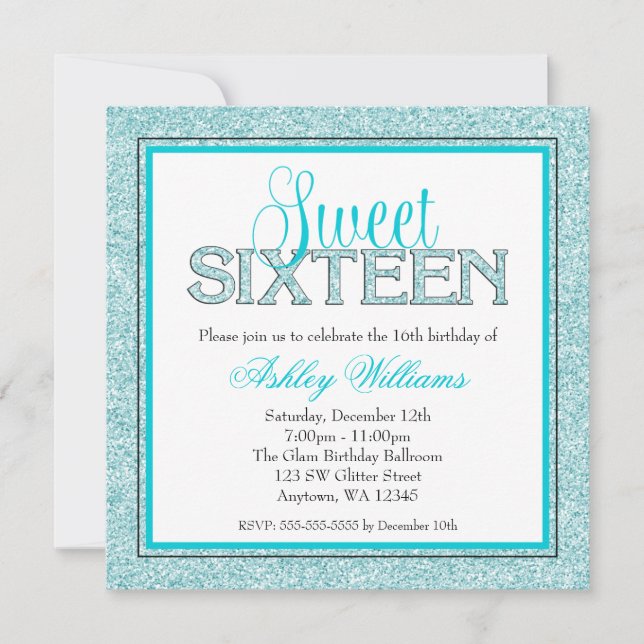 Convites Glam Falso Brilho Azul Turquesa Sweet 16 (Frente)