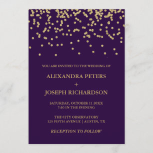 Convites Glam Faux Dourado Confetti e Casamento Roxo Profun