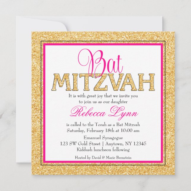 Convites Glam Faux Glitter Dourado Bat Mitzvah (Frente)