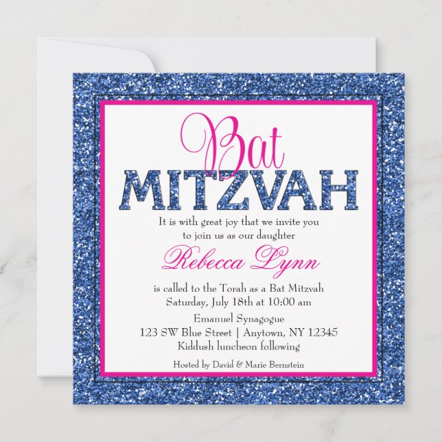 Convites Glam Faux Glitter Marinho Azul Rosa Bat Mitzvah (Frente)