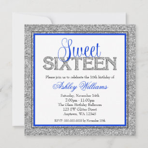 Convites Glam Faux Glitter Silver Blue Sweet 16