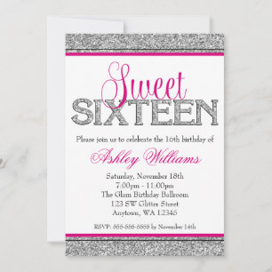 Convites Glam Faux Glitter Silver Hot Pink Sweet 16