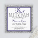 Convites Glam Faux Glitter Silver Marinho Azul Bat Mitzvah<br><div class="desc">Um marinho moderno,  azul e prata,  Bat Mitzvah,  convite. Design apresenta um falso design brilhante prateado com sotaques de marinho azul e preto. Os designs são gráficos impressos planos - NÃO É O GLITTER REAL.</div>
