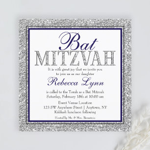 Convites Glam Faux Glitter Silver Marinho Azul Bat Mitzvah