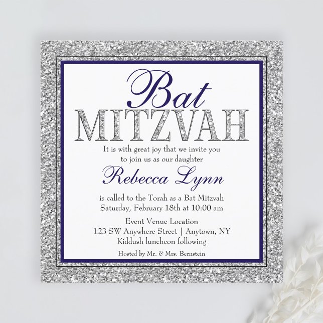 Convites Glam Faux Glitter Silver Marinho Azul Bat Mitzvah (Criador carregado)