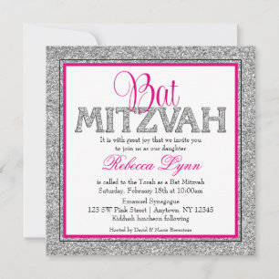 Convites Glam Faux Glitter Silver Pink Bat Mitzvah