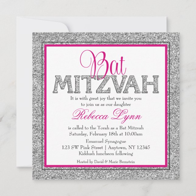 Convites Glam Faux Glitter Silver Pink Bat Mitzvah (Frente)