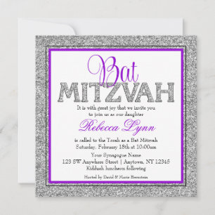 Convites Glam Faux Glitter Silver Purple Bat Mitzvah