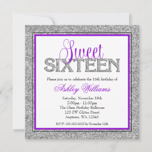 Convites Glam Faux Glitter Silver Purple Sweet 16