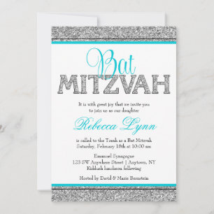 Convites Glam Faux Glitter Silver Teal Blue Bat Mitzvah