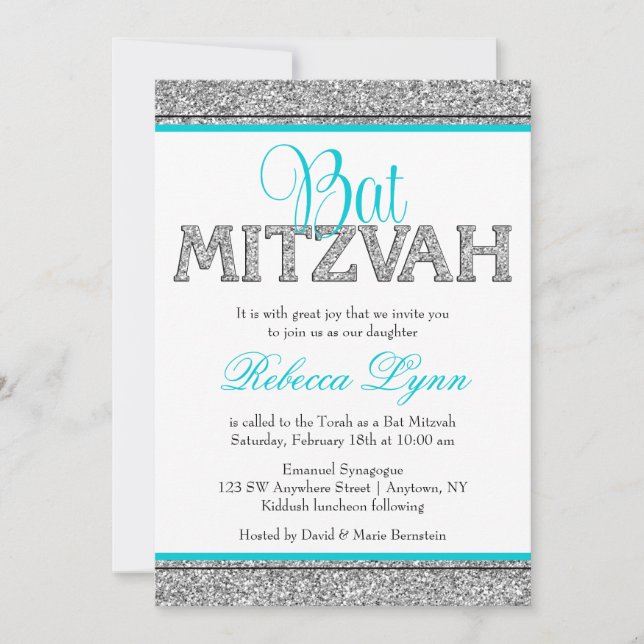 Convites Glam Faux Glitter Silver Teal Blue Bat Mitzvah (Frente)