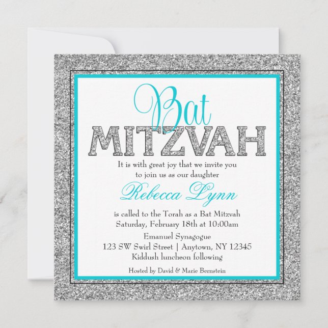 Convites Glam Faux Glitter Silver Teal Blue Bat Mitzvah (Frente)
