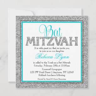 Convites Glam Faux Glitter Silver Teal Blue Bat Mitzvah