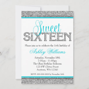 Convites Glam Faux Glitter Silver Teal Blue Sweet 16