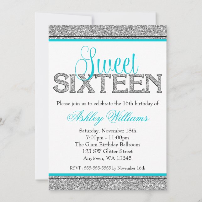 Convites Glam Faux Glitter Silver Teal Blue Sweet 16 (Frente)