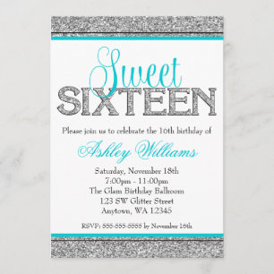Convites Glam Faux Glitter Silver Teal Blue Sweet 16