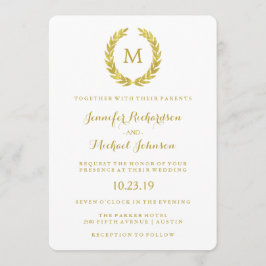 Convites Glam Faux Gold Foil Laurel Wreath Monograma Casame