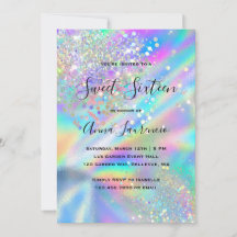 Glam Faux Holographic Glitter Sweet 16 Aniversário