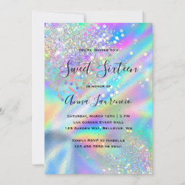 Convites Glam Faux Holographic Glitter Sweet 16 Aniversário