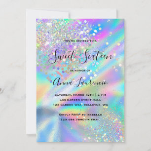 Convites Glam Faux Holographic Glitter Sweet 16 Aniversário