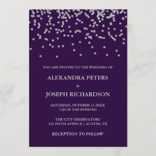 Convites Glam Faux Silver Confetti e Casamento Roxo Profund