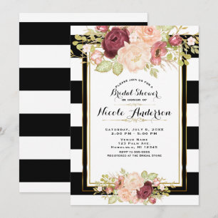 Convites Glam Floral Moderno Listras Pretas e Brancas Noiva