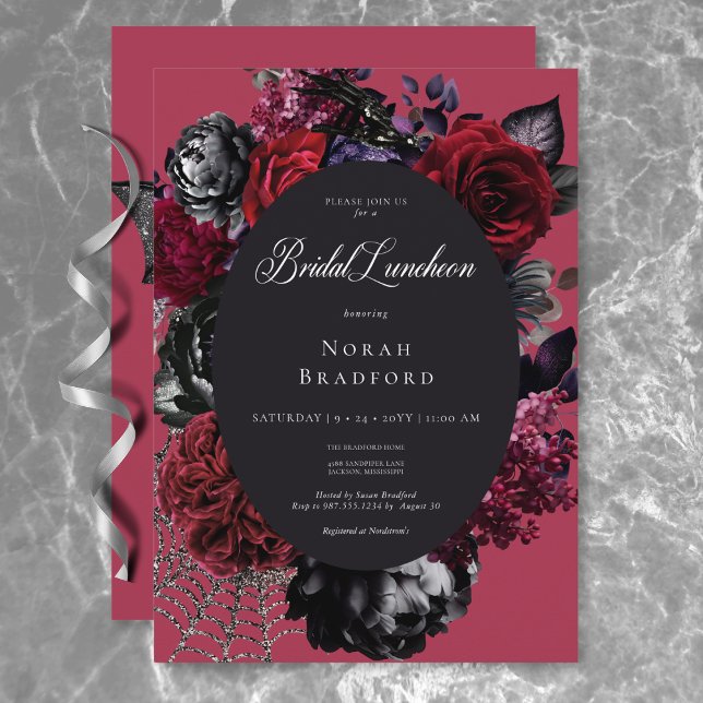 Convites Glam Floral Red Bridal Glam das Halloween Escuro (Dark Halloween Glam Floral Red Bridal Luncheon Invitation)