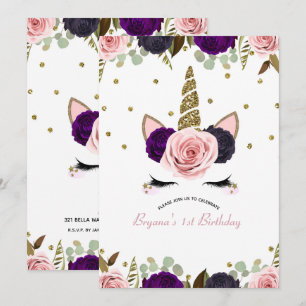 Convites Glam Floral Sombrio Unicórnio de Aniversário Doura