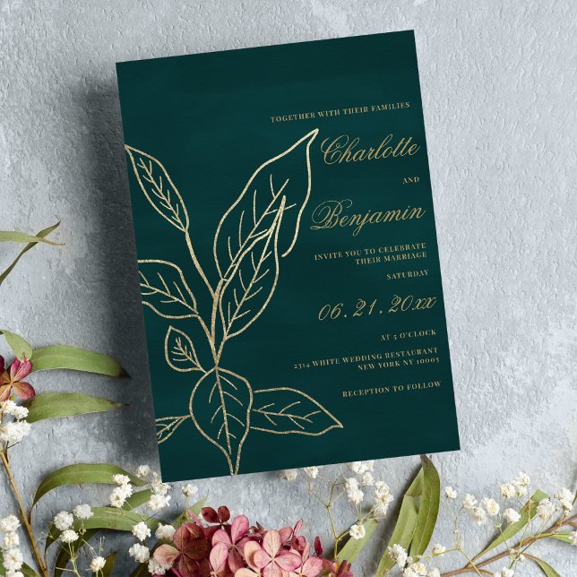 Convites Glam Forest Green Gold Glitter Folha floral casame (Glam forest green gold glitter floral leaf wedding)
