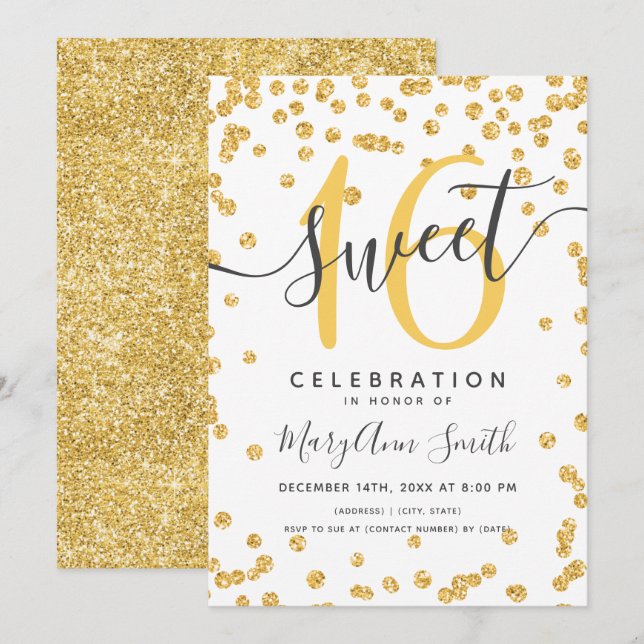 Convites Glam Glitter Confetti Dourado 16º Aniversário (Frente/Verso)