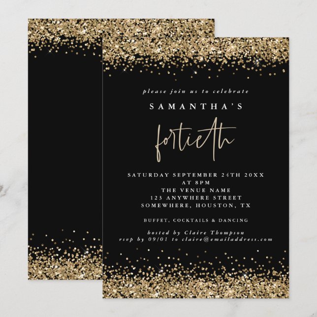 Convites Glam Glitter Dourado Festa de Quadragésimo Preto (Frente/Verso)