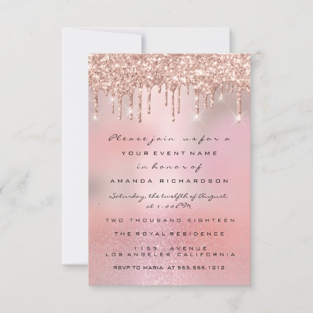 Convites Glam Glitter Drips Rosa Dourado  Noiva Sweet 16 (Frente)