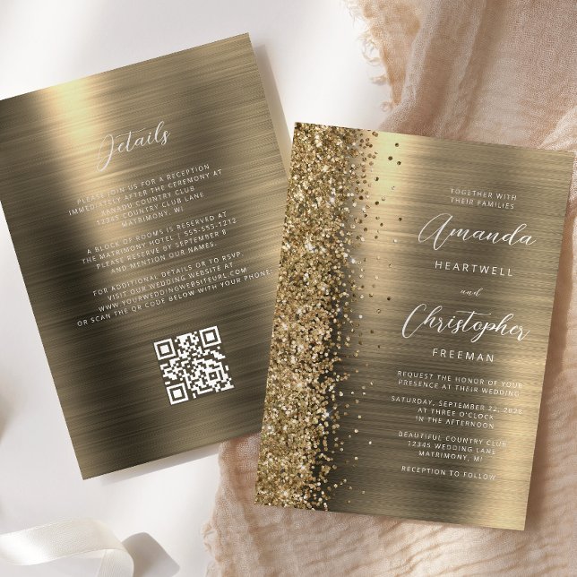 Convites Glam Gold Brushed Metal QR Code Wedding (Criador carregado)