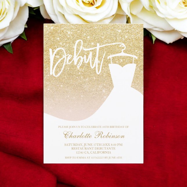 Convites Glam gold glitter elegante vestido chic 18th Debut (Glam gold glitter elegant chic dress 18th Debut Invitation)