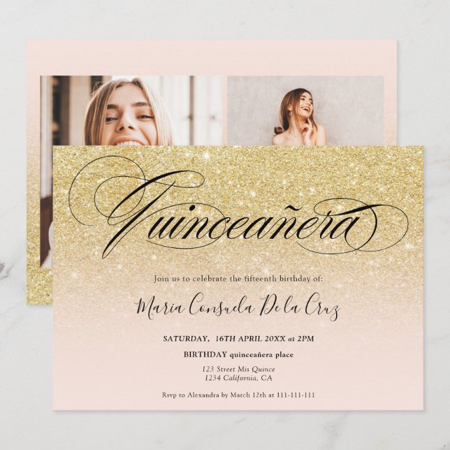 Convites Glam gold glitter mbre script rosa quinceañera (Frente/Verso)