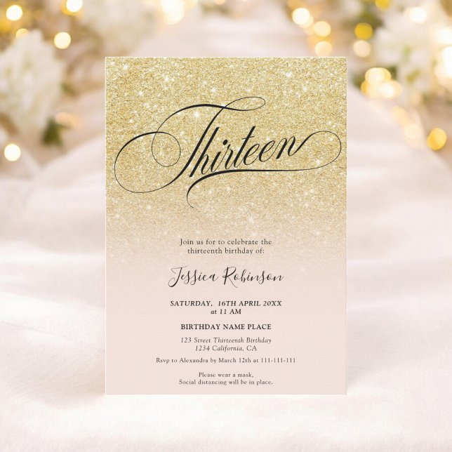 Convites Glam gold glitter ombre script chic cor-de-rosa Tr (Glam gold glitter ombre chic script pink Thirteen Invitation)