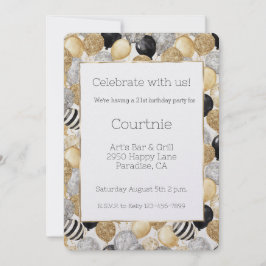 Convites Glam Gold Glitzy Glitter Silver Balloons Birthday