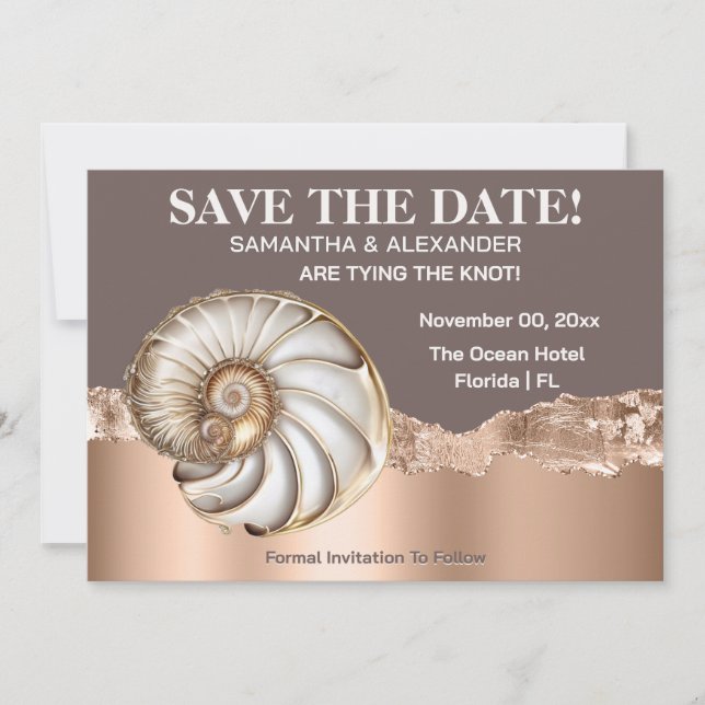 Convites Glam Gold marfim Concha Shell Beach Save The Date (Frente)