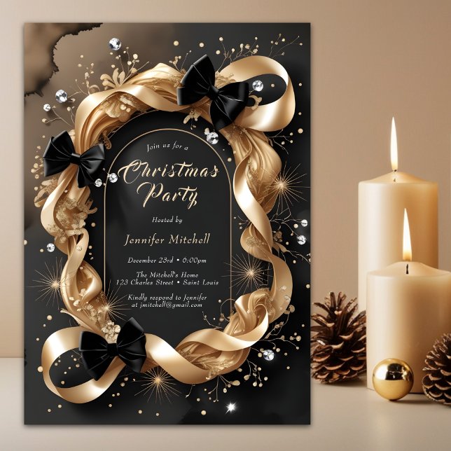 Convites Glam Gold Ribbon Black Bow Christmas Party (Glam Gold Ribbon Black Christmas Party Invitation)