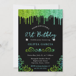 Convites Glam Green e Blue Glitter aniversário de 21 anos
